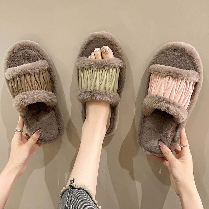 PU Leather Open Slippers For Women Plush Cotton Slippers fe62b1a9295d1221e08767982dcf6534