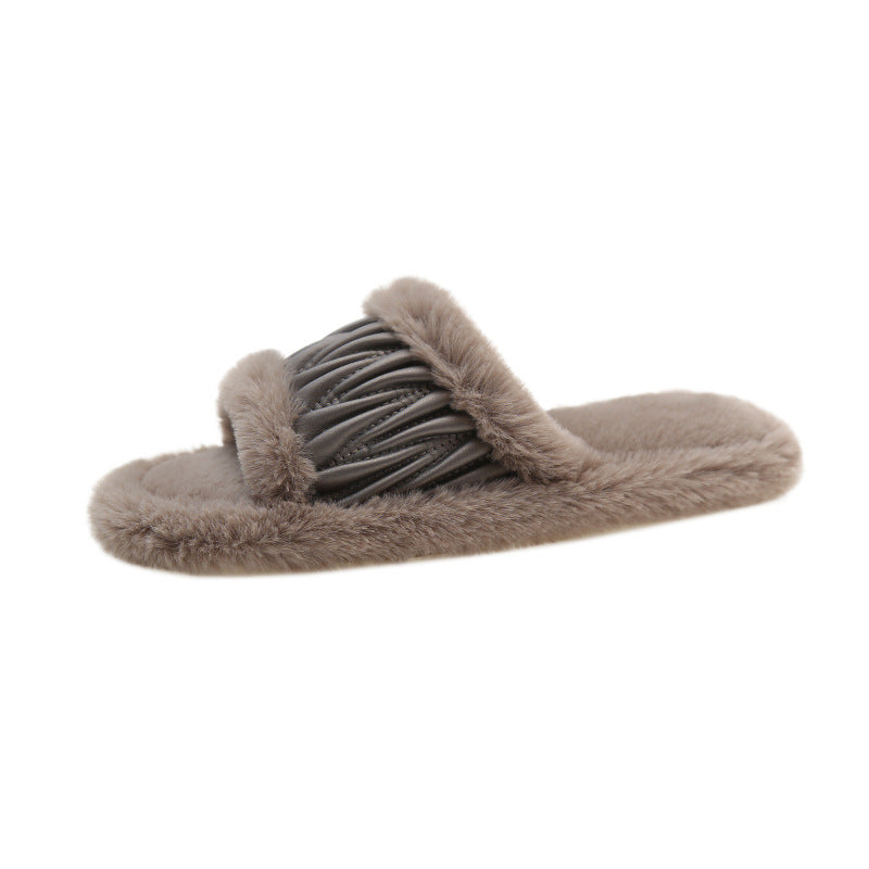 PU Leather Open Slippers For Women Plush Cotton Slippers ea114e1183b4127d587413b71d419bf3