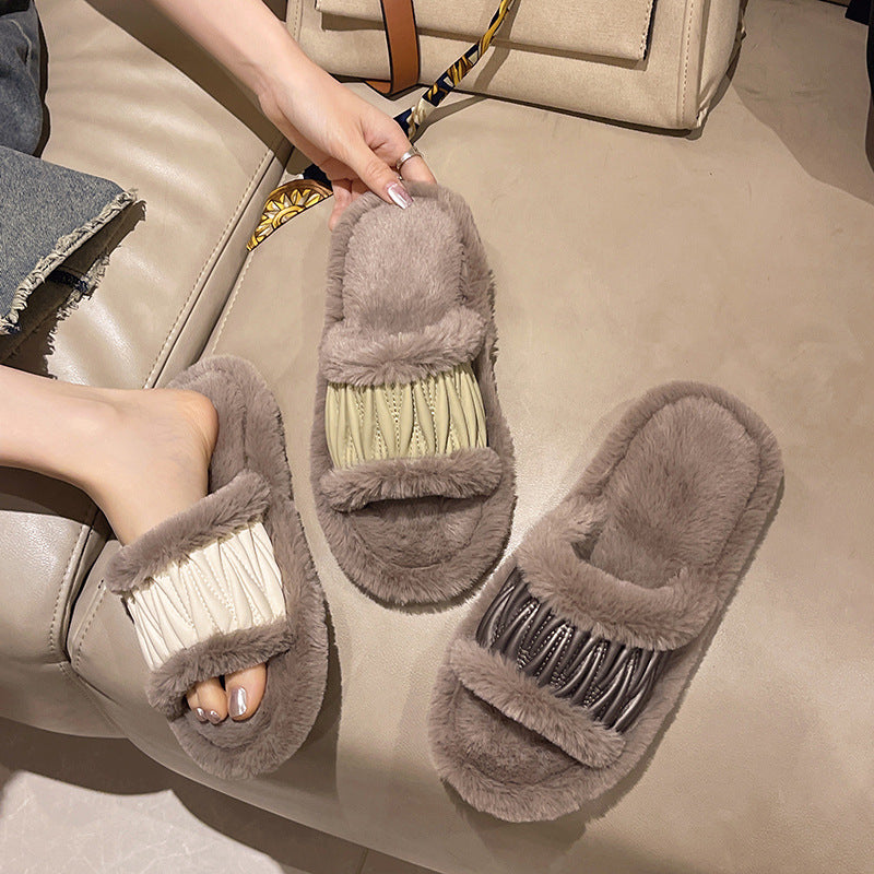 PU Leather Open Slippers For Women Plush Cotton Slippers f6546e117e2bfbaa8444daed84cacf83