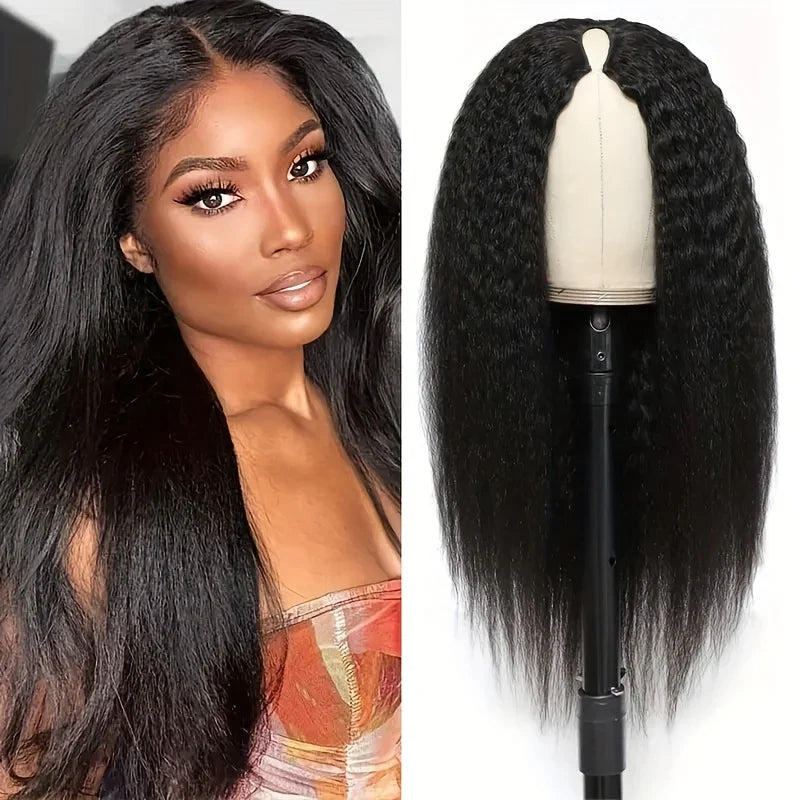 Kinky Straight V Part Wig Glueless Human Hair Wig for Women Natural Black Color No Leave Out Yaki Straight Hair Wig 250% Density Kinky Straight V Part Wig Glueless Human Hair Wig for Women Natural Black Color No Leave Out Yaki Straight Hair Wig 250% Density