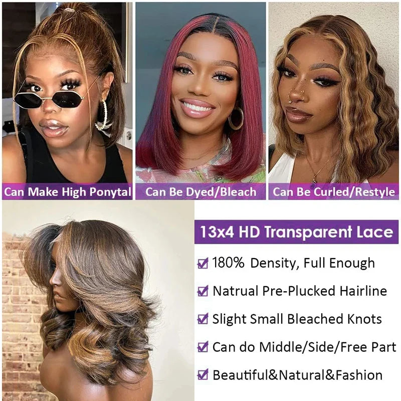4/27 Highlight 13*4 Body Wave Glueless Closure100% Human Hair Frontal Wigs Ombre Brown Mix Blonde Water Wave Short Bob Wig 4/27 Highlight 13*4 Body Wave Glueless Closure100% Human Hair Frontal Wigs Ombre Brown Mix Blonde Water Wave Short Bob Wig