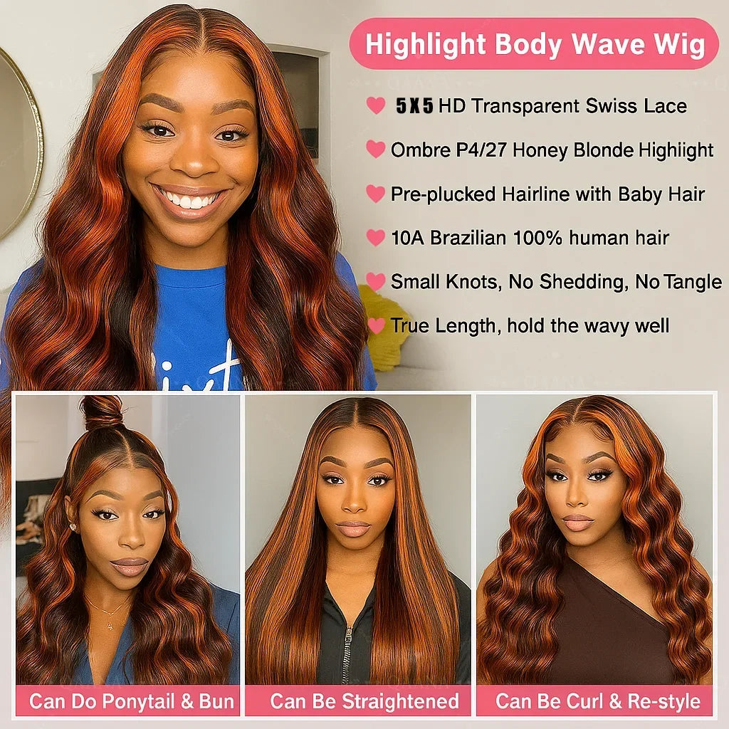 200% Density Ginger Brown Highlight Wig Human Hair Body Wave Lace Front Wigs Pre Plucked Ombre P1B/4 Ginger Orange Colored Wigs 200% Density Ginger Brown Highlight Wig Human Hair Body Wave Lace Front Wigs Pre Plucked Ombre P1B/4 Ginger Orange Colored Wigs
