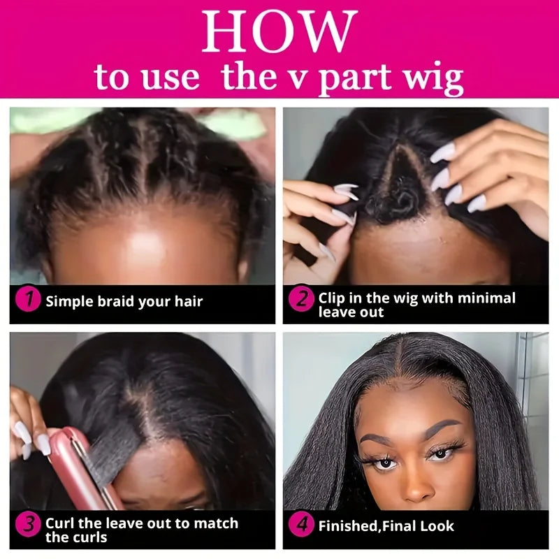 Kinky Straight V Part Wig Glueless Human Hair Wig for Women Natural Black Color No Leave Out Yaki Straight Hair Wig 250% Density Kinky Straight V Part Wig Glueless Human Hair Wig for Women Natural Black Color No Leave Out Yaki Straight Hair Wig 250% Density
