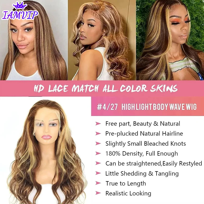 13x4 13x6 Hd Highlight Body Wave Lace Front Wig For Women Remy P4/27 Ombre Human Hair Lace Frontal Human Hair Wigs Choice Glue 13x4 13x6 Hd Highlight Body Wave Lace Front Wig For Women Remy P4/27 Ombre Human Hair Lace Frontal Human Hair Wigs Choice Glue