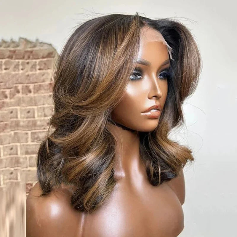 4/27 Highlight 13*4 Body Wave Glueless Closure100% Human Hair Frontal Wigs Ombre Brown Mix Blonde Water Wave Short Bob Wig 4/27 Highlight 13*4 Body Wave Glueless Closure100% Human Hair Frontal Wigs Ombre Brown Mix Blonde Water Wave Short Bob Wig