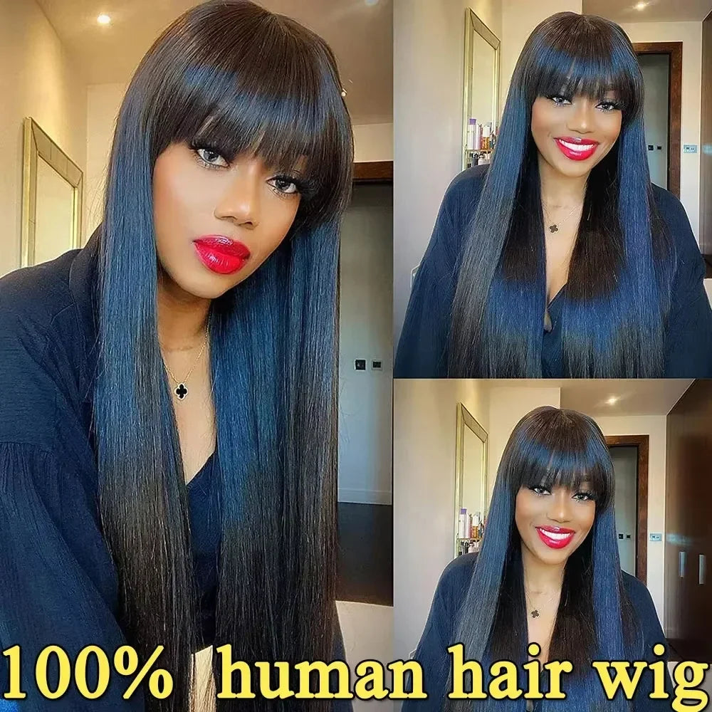 Straight Human Hair Wis 34 Inche Wigs With Bangs 3x1 Full Machine Made Human Hair Wigs For Women Natural Color 220% Density Straight Human Hair Wis 34 Inche Wigs With Bangs 3x1 Full Machine Made Human Hair Wigs For Women Natural Color 220% Density