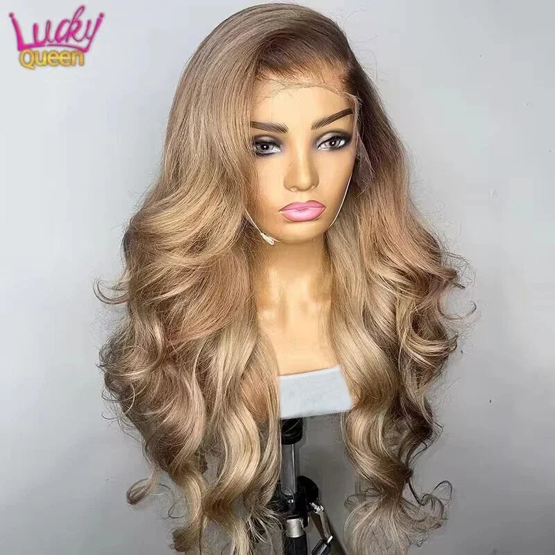 Ombre Blonde 13X4 Transparent Lace Front Human Hair Wig Brown Root Body Wave Ash Blonde 5X5 Closure Wig Pre Plucked Ombre Blonde 13X4 Transparent Lace Front Human Hair Wig Brown Root Body Wave Ash Blonde 5X5 Closure Wig Pre Plucked