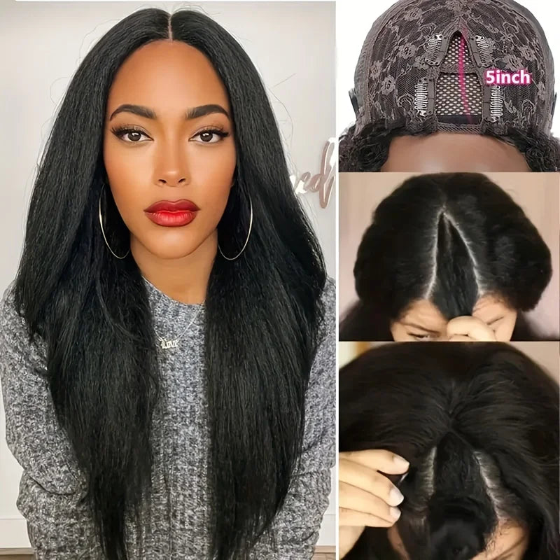 Kinky Straight V Part Wig Glueless Human Hair Wig for Women Natural Black Color No Leave Out Yaki Straight Hair Wig 250% Density Kinky Straight V Part Wig Glueless Human Hair Wig for Women Natural Black Color No Leave Out Yaki Straight Hair Wig 250% Density