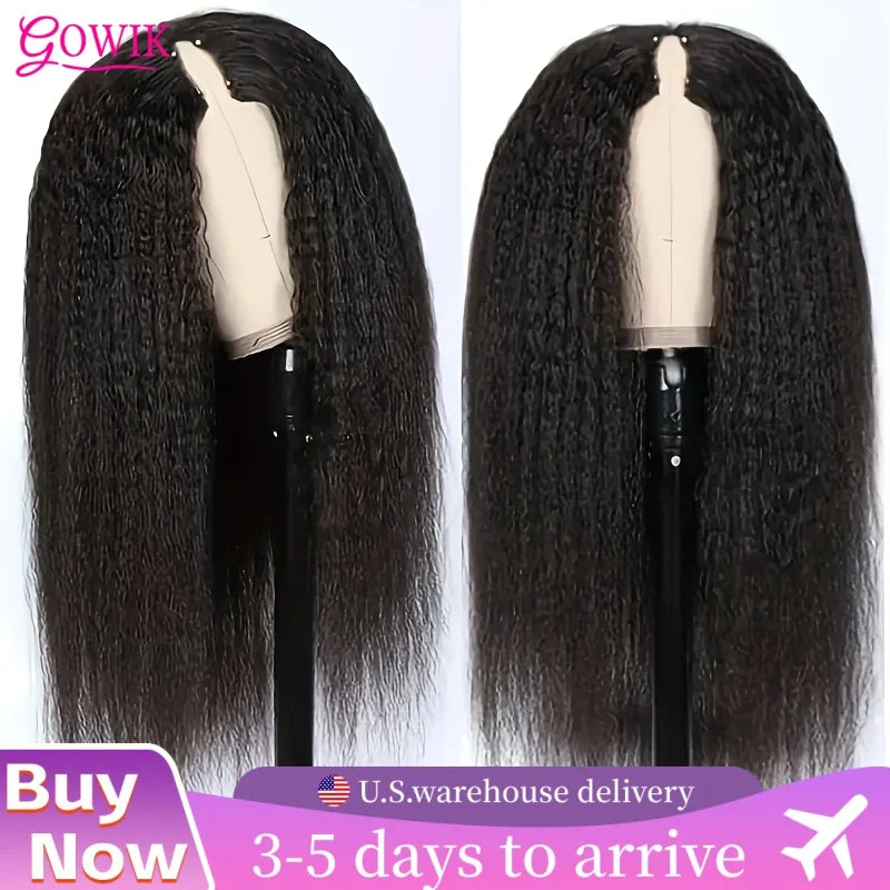 Kinky Straight V Part Wig Glueless Human Hair Wig for Women Natural Black Color No Leave Out Yaki Straight Hair Wig 250% Density Kinky Straight V Part Wig Glueless Human Hair Wig for Women Natural Black Color No Leave Out Yaki Straight Hair Wig 250% Density