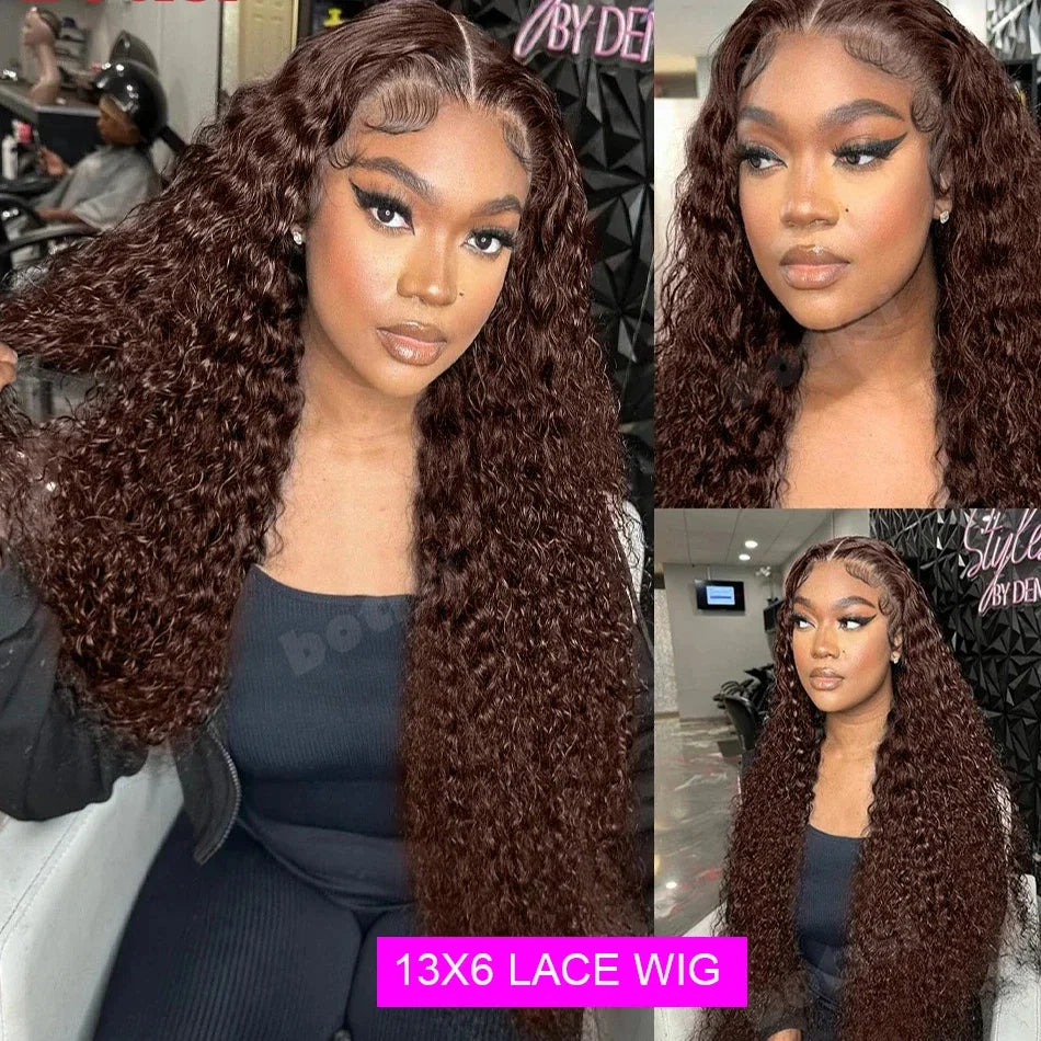 Chocolate Brown Human Hair Wig Colored Curly Human Hair Wig 30 32 Inch 13x4 Deep Wave Lace Front Wig 13x6 HD Lace Frontal Wig Chocolate Brown Human Hair Wig Colored Curly Human Hair Wig 30 32 Inch 13x4 Deep Wave Lace Front Wig 13x6 HD Lace Frontal Wig