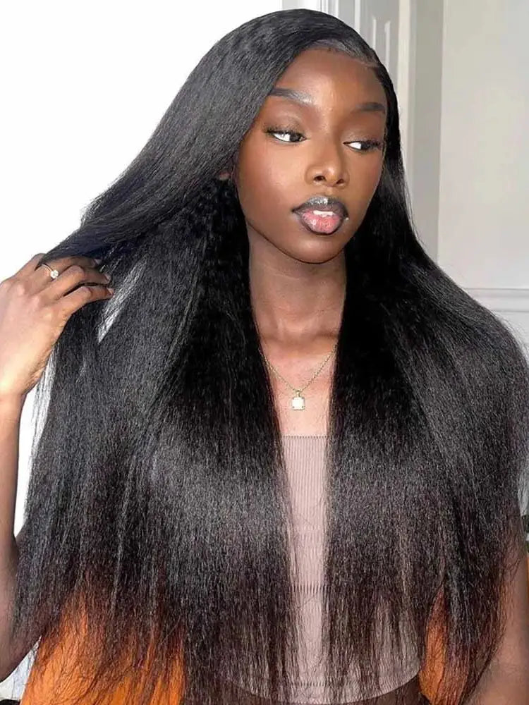 13x4 Kinky Straight Lace Front Human Hair Wig With Kinky Edges Baby Hair Glueless Yaki Straight HD Lace Frontal Wig 250% Denisty 13x4 Kinky Straight Lace Front Human Hair Wig With Kinky Edges Baby Hair Glueless Yaki Straight HD Lace Frontal Wig 250% Denisty