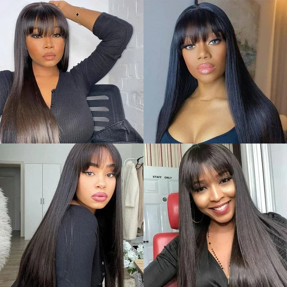 Straight Human Hair Wis 34 Inche Wigs With Bangs 3x1 Full Machine Made Human Hair Wigs For Women Natural Color 220% Density Straight Human Hair Wis 34 Inche Wigs With Bangs 3x1 Full Machine Made Human Hair Wigs For Women Natural Color 220% Density