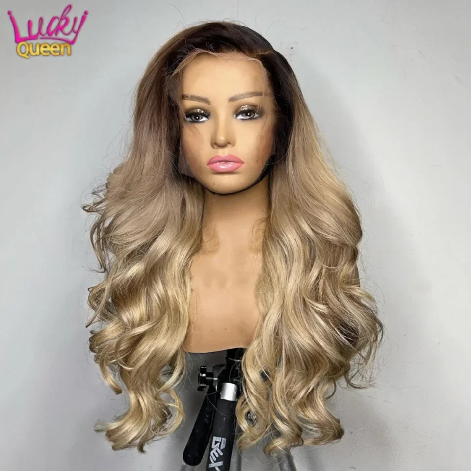 Ombre Blonde 13X4 Transparent Lace Front Human Hair Wig Brown Root Body Wave Ash Blonde 5X5 Closure Wig Pre Plucked Ombre Blonde 13X4 Transparent Lace Front Human Hair Wig Brown Root Body Wave Ash Blonde 5X5 Closure Wig Pre Plucked