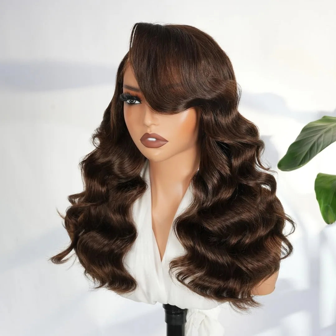 200 Density Chocolate Brown Human Hair Wig Body 13x4 Closure Transparent Lace Wig Layered Side Part Human Hair Pre Plucked Pre 200 Density Chocolate Brown Human Hair Wig Body 13x4 Closure Transparent Lace Wig Layered Side Part Human Hair Pre Plucked Pre