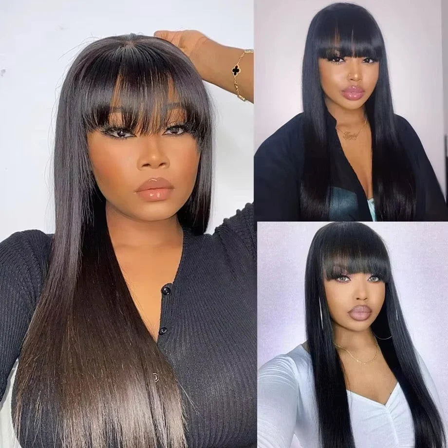 Straight Human Hair Wis 34 Inche Wigs With Bangs 3x1 Full Machine Made Human Hair Wigs For Women Natural Color 220% Density Straight Human Hair Wis 34 Inche Wigs With Bangs 3x1 Full Machine Made Human Hair Wigs For Women Natural Color 220% Density