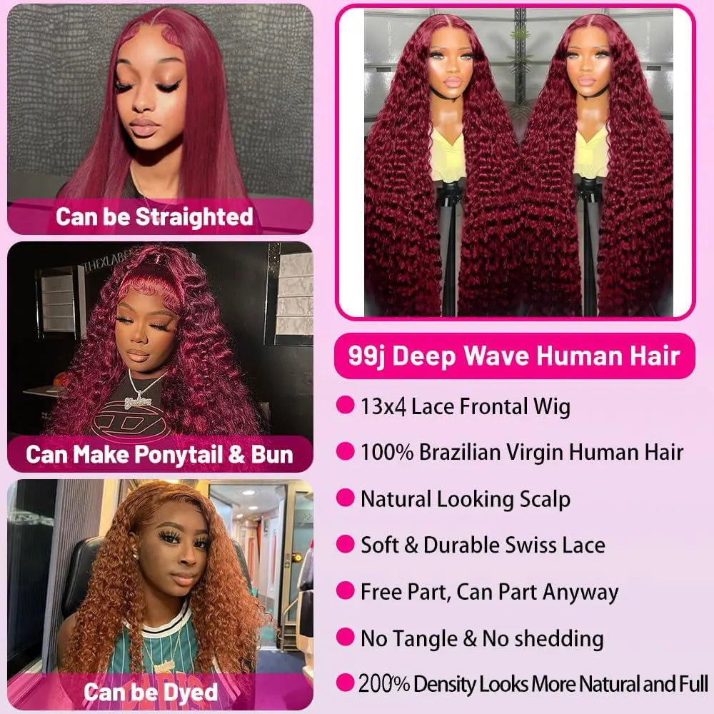 30 Inch Burgundy 99j Deep Wave Frontal Wig Colored Curly Human Hair Wigs 200 250 Density 13x4 Hd Lace Frontal Human Hair Wigs 30 Inch Burgundy 99j Deep Wave Frontal Wig Colored Curly Human Hair Wigs 200 250 Density 13x4 Hd Lace Frontal Human Hair Wigs
