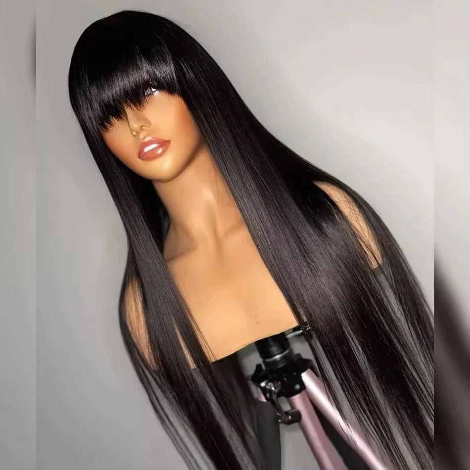 Straight Human Hair Wis 34 Inche Wigs With Bangs 3x1 Full Machine Made Human Hair Wigs For Women Natural Color 220% Density Straight Human Hair Wis 34 Inche Wigs With Bangs 3x1 Full Machine Made Human Hair Wigs For Women Natural Color 220% Density