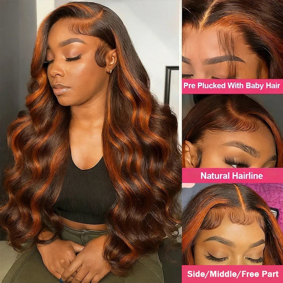 200% Density Ginger Brown Highlight Wig Human Hair Body Wave Lace Front Wigs Pre Plucked Ombre P1B/4 Ginger Orange Colored Wigs 200% Density Ginger Brown Highlight Wig Human Hair Body Wave Lace Front Wigs Pre Plucked Ombre P1B/4 Ginger Orange Colored Wigs