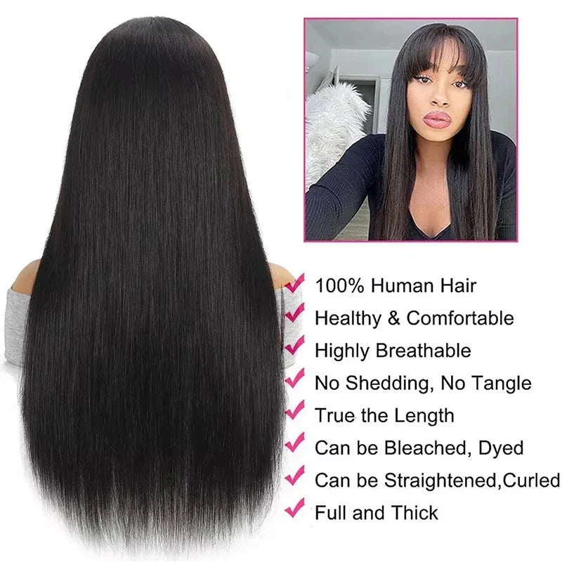 Straight Human Hair Wis 34 Inche Wigs With Bangs 3x1 Full Machine Made Human Hair Wigs For Women Natural Color 220% Density Straight Human Hair Wis 34 Inche Wigs With Bangs 3x1 Full Machine Made Human Hair Wigs For Women Natural Color 220% Density