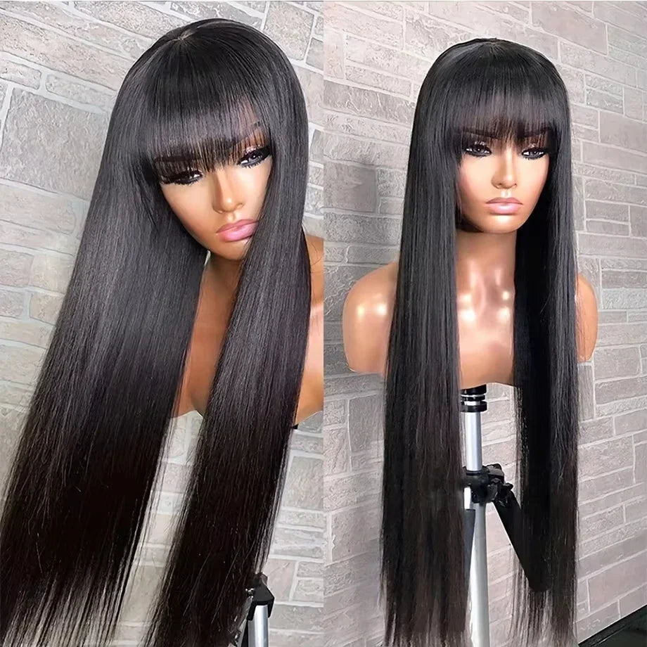 Straight Human Hair Wis 34 Inche Wigs With Bangs 3x1 Full Machine Made Human Hair Wigs For Women Natural Color 220% Density Straight Human Hair Wis 34 Inche Wigs With Bangs 3x1 Full Machine Made Human Hair Wigs For Women Natural Color 220% Density