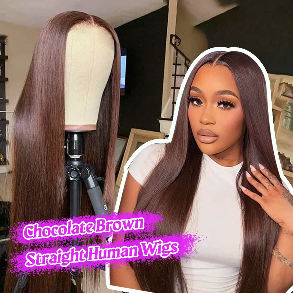 13x4 HD Chocolate Brown Bone Straight Lace Front Wig 34Inch Lace Frontal Wig Human Hair PrePlucked #4 Color Human Hair Wigs 13x4 HD Chocolate Brown Bone Straight Lace Front Wig 34Inch Lace Frontal Wig Human Hair PrePlucked #4 Color Human Hair Wigs