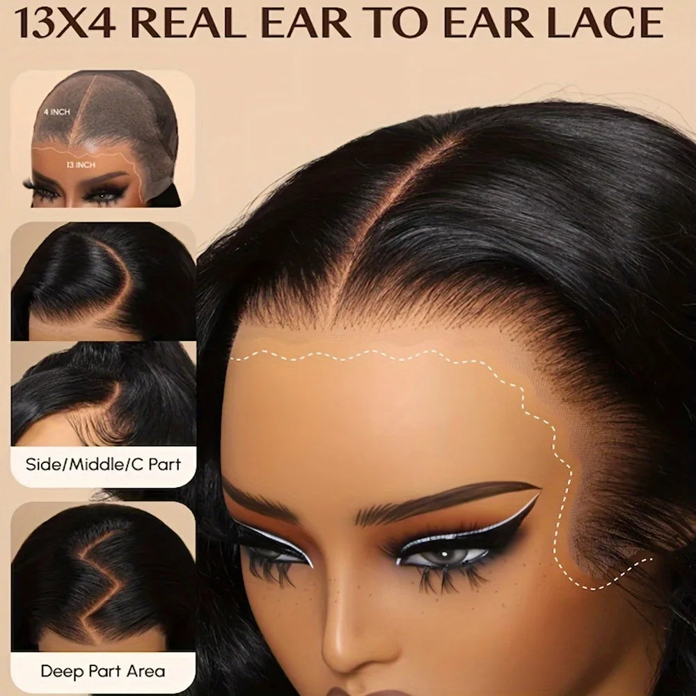 250% Density Glueless Human Hair Lace Front Wig - 13x4 Pre Plucked & Pre Cut 3D Dome Cap with Bleached Knots, Natural Black Body 250% Density Glueless Human Hair Lace Front Wig - 13x4 Pre Plucked & Pre Cut 3D Dome Cap with Bleached Knots, Natural Black Body