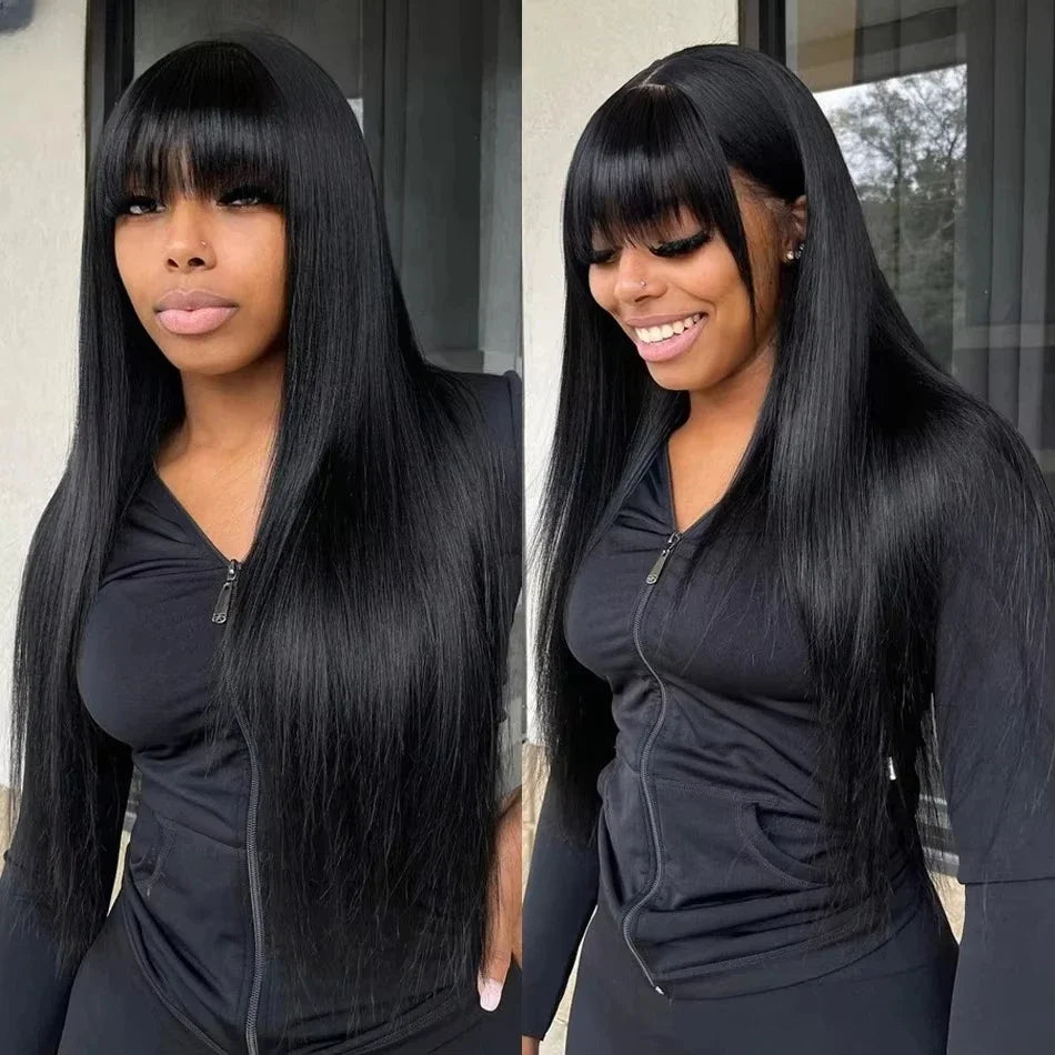 Straight Human Hair Wis 34 Inche Wigs With Bangs 3x1 Full Machine Made Human Hair Wigs For Women Natural Color 220% Density Straight Human Hair Wis 34 Inche Wigs With Bangs 3x1 Full Machine Made Human Hair Wigs For Women Natural Color 220% Density