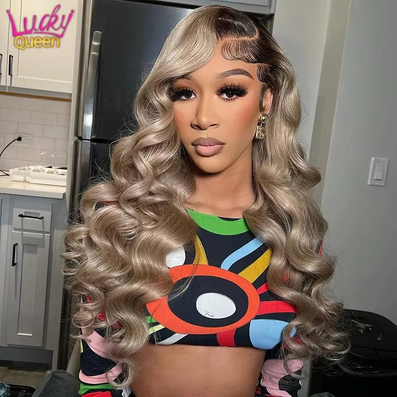 Ombre Blonde 13X4 Transparent Lace Front Human Hair Wig Brown Root Body Wave Ash Blonde 5X5 Closure Wig Pre Plucked Ombre Blonde 13X4 Transparent Lace Front Human Hair Wig Brown Root Body Wave Ash Blonde 5X5 Closure Wig Pre Plucked