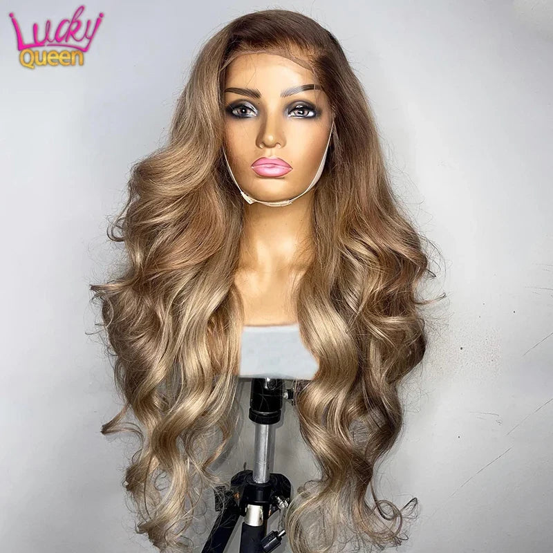 Ombre Blonde 13X4 Transparent Lace Front Human Hair Wig Brown Root Body Wave Ash Blonde 5X5 Closure Wig Pre Plucked Ombre Blonde 13X4 Transparent Lace Front Human Hair Wig Brown Root Body Wave Ash Blonde 5X5 Closure Wig Pre Plucked