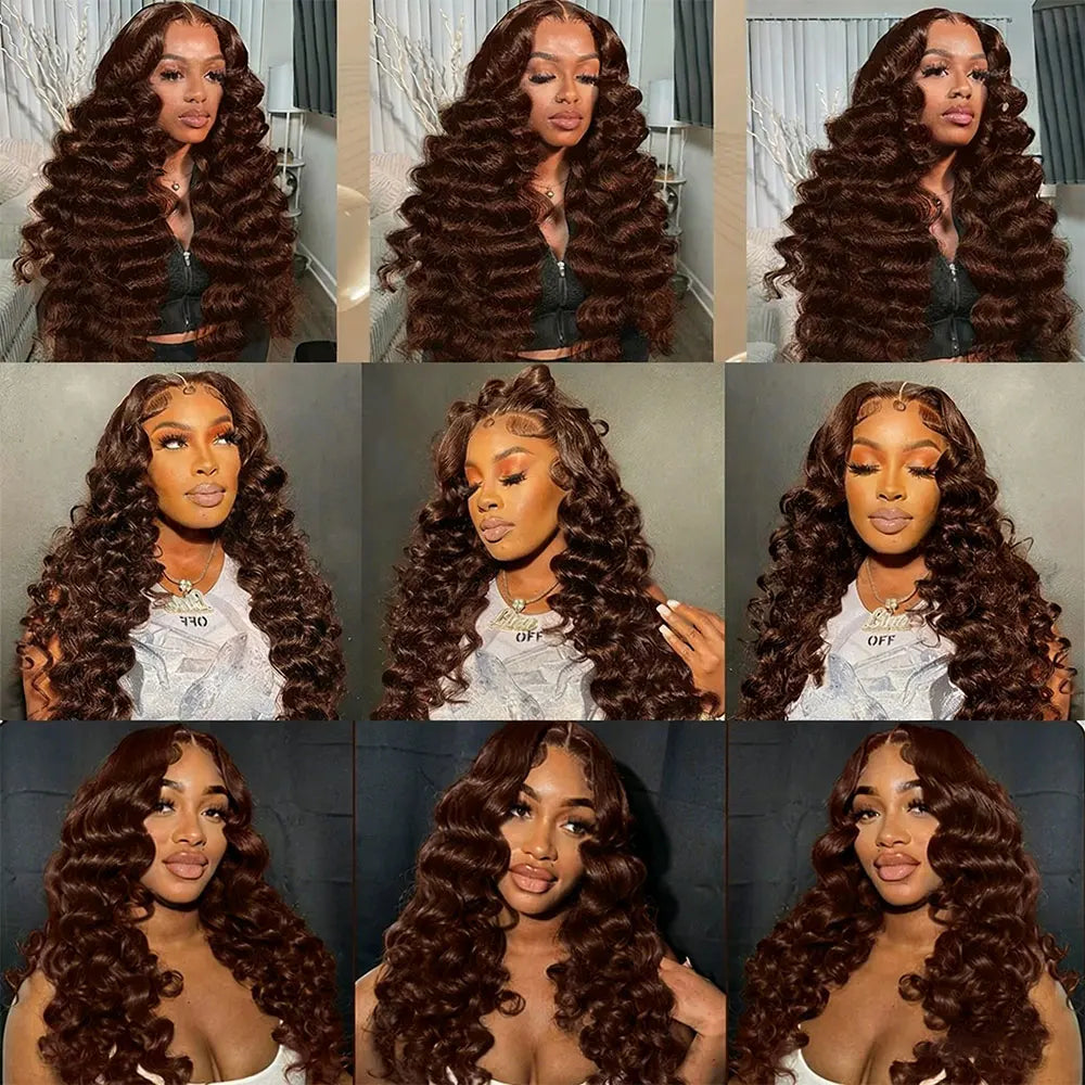Deep Wave Chocolate Brown 13x4 Transparent Lace Frontal Wigs Human Hair 34 Inch 250% Density Loose Deep Curly Brown Colored Wig Deep Wave Chocolate Brown 13x4 Transparent Lace Frontal Wigs Human Hair 34 Inch 250% Density Loose Deep Curly Brown Colored Wig