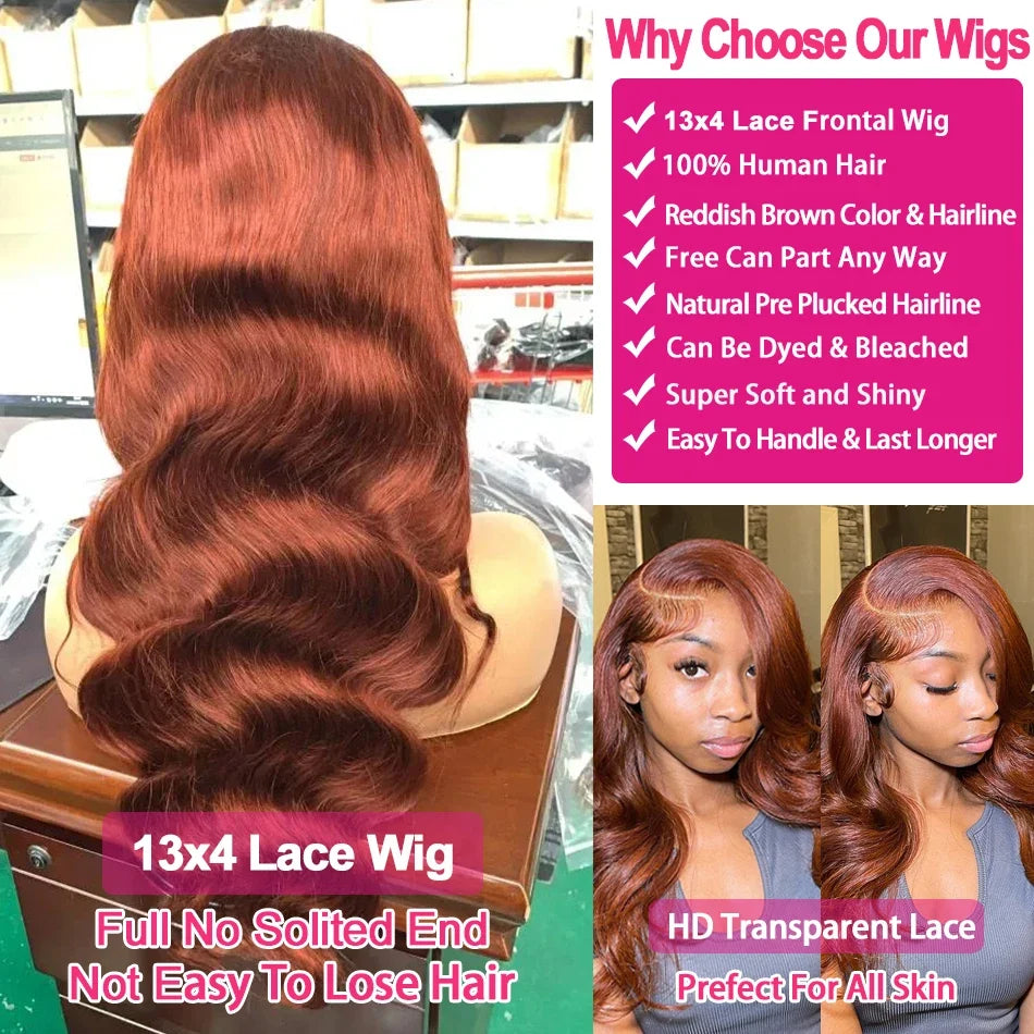 Reddish Brown 13x6 Lace Frontal Wig Brazilian Colored 13x4 Body Wave Human Hair Wigs Hd Transparent 4x4 5x5 Closure Wig 40 Inch Reddish Brown 13x6 Lace Frontal Wig Brazilian Colored 13x4 Body Wave Human Hair Wigs Hd Transparent 4x4 5x5 Closure Wig 40 Inch
