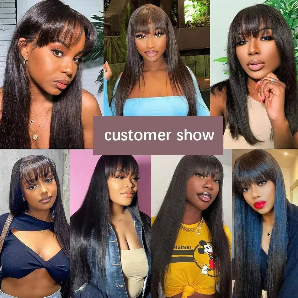 Straight Human Hair Wis 34 Inche Wigs With Bangs 3x1 Full Machine Made Human Hair Wigs For Women Natural Color 220% Density Straight Human Hair Wis 34 Inche Wigs With Bangs 3x1 Full Machine Made Human Hair Wigs For Women Natural Color 220% Density
