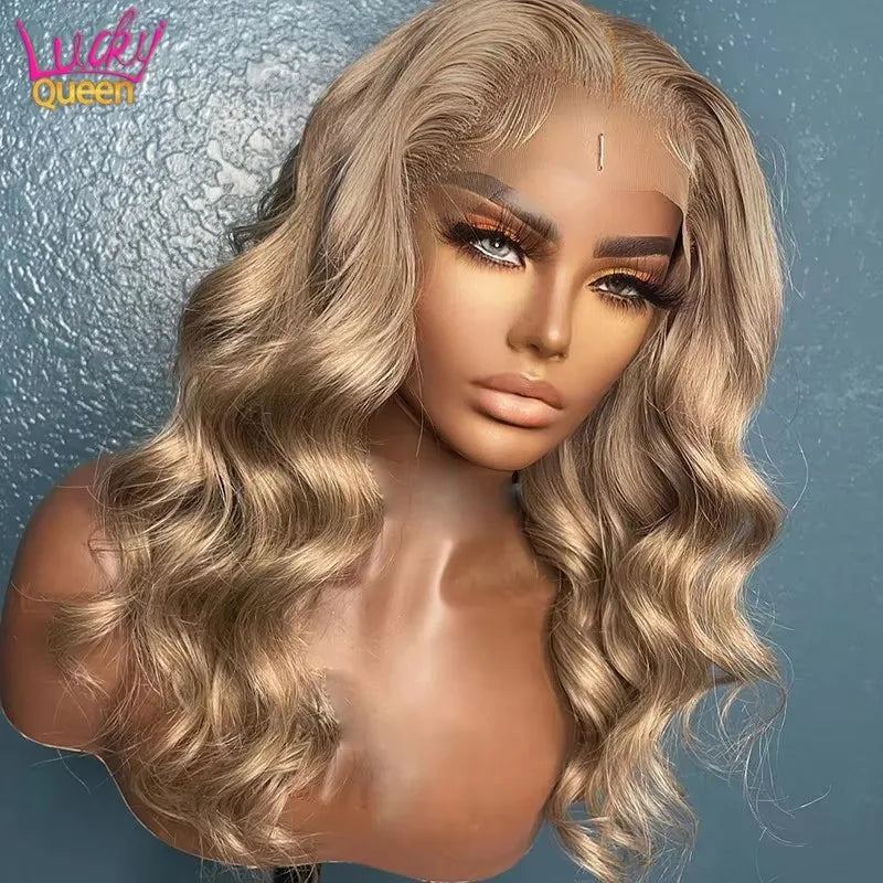 Ombre Blonde 13X4 Transparent Lace Front Human Hair Wig Brown Root Body Wave Ash Blonde 5X5 Closure Wig Pre Plucked Ombre Blonde 13X4 Transparent Lace Front Human Hair Wig Brown Root Body Wave Ash Blonde 5X5 Closure Wig Pre Plucked