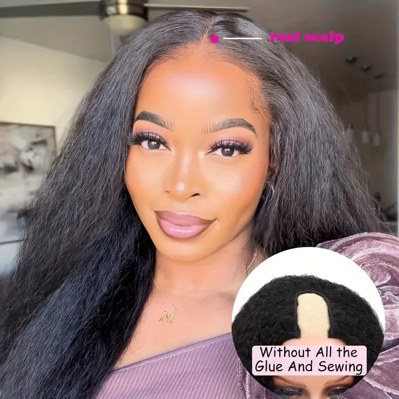 Kinky Straight V Part Wig Glueless Human Hair Wig for Women Natural Black Color No Leave Out Yaki Straight Hair Wig 250% Density Kinky Straight V Part Wig Glueless Human Hair Wig for Women Natural Black Color No Leave Out Yaki Straight Hair Wig 250% Density