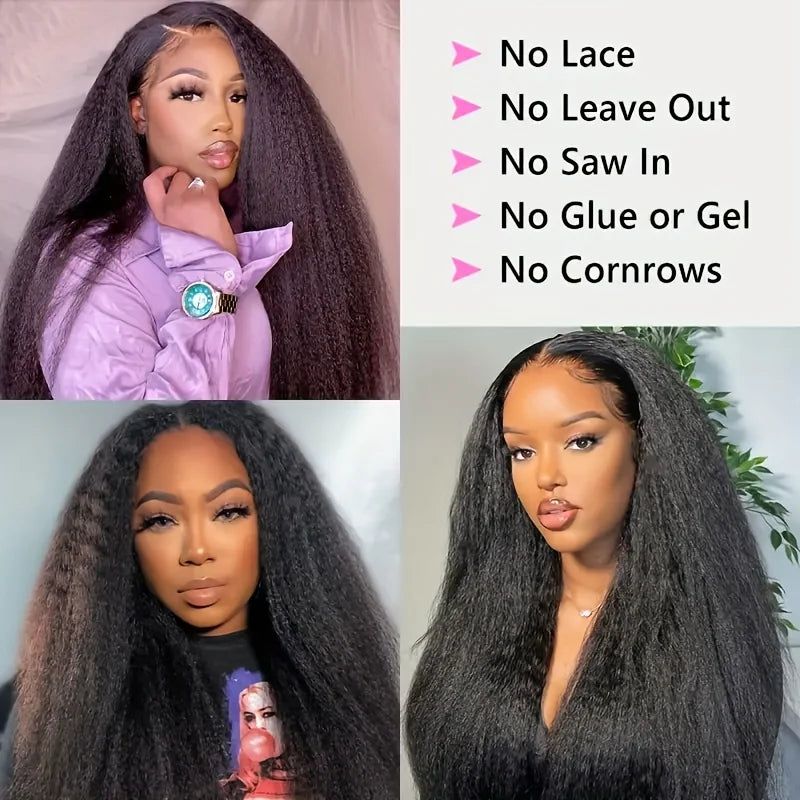 Kinky Straight V Part Wig Glueless Human Hair Wig for Women Natural Black Color No Leave Out Yaki Straight Hair Wig 250% Density Kinky Straight V Part Wig Glueless Human Hair Wig for Women Natural Black Color No Leave Out Yaki Straight Hair Wig 250% Density