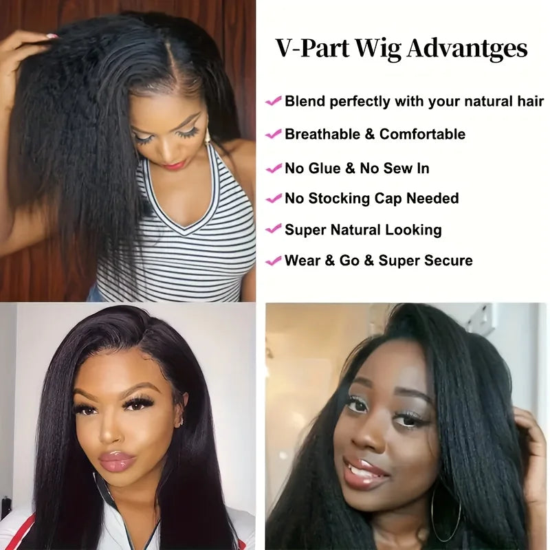 Kinky Straight V Part Wig Glueless Human Hair Wig for Women Natural Black Color No Leave Out Yaki Straight Hair Wig 250% Density Kinky Straight V Part Wig Glueless Human Hair Wig for Women Natural Black Color No Leave Out Yaki Straight Hair Wig 250% Density