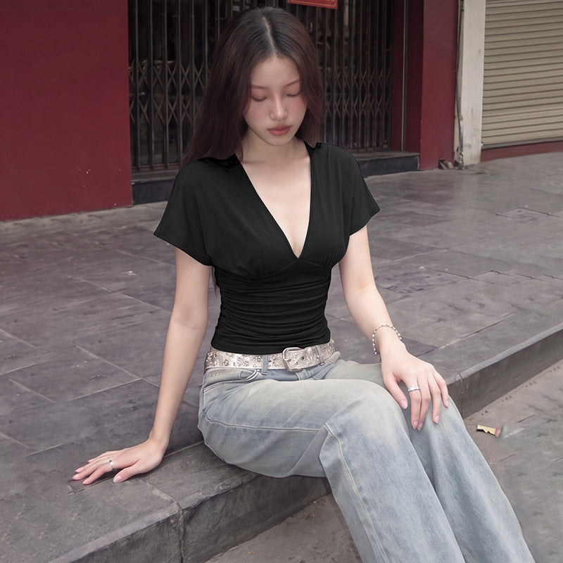 French-style V-neck Pleated Waist-cinching Figure-flattering Short Sleeve d6c9933ba2897bed3489fb4c3f340b5b