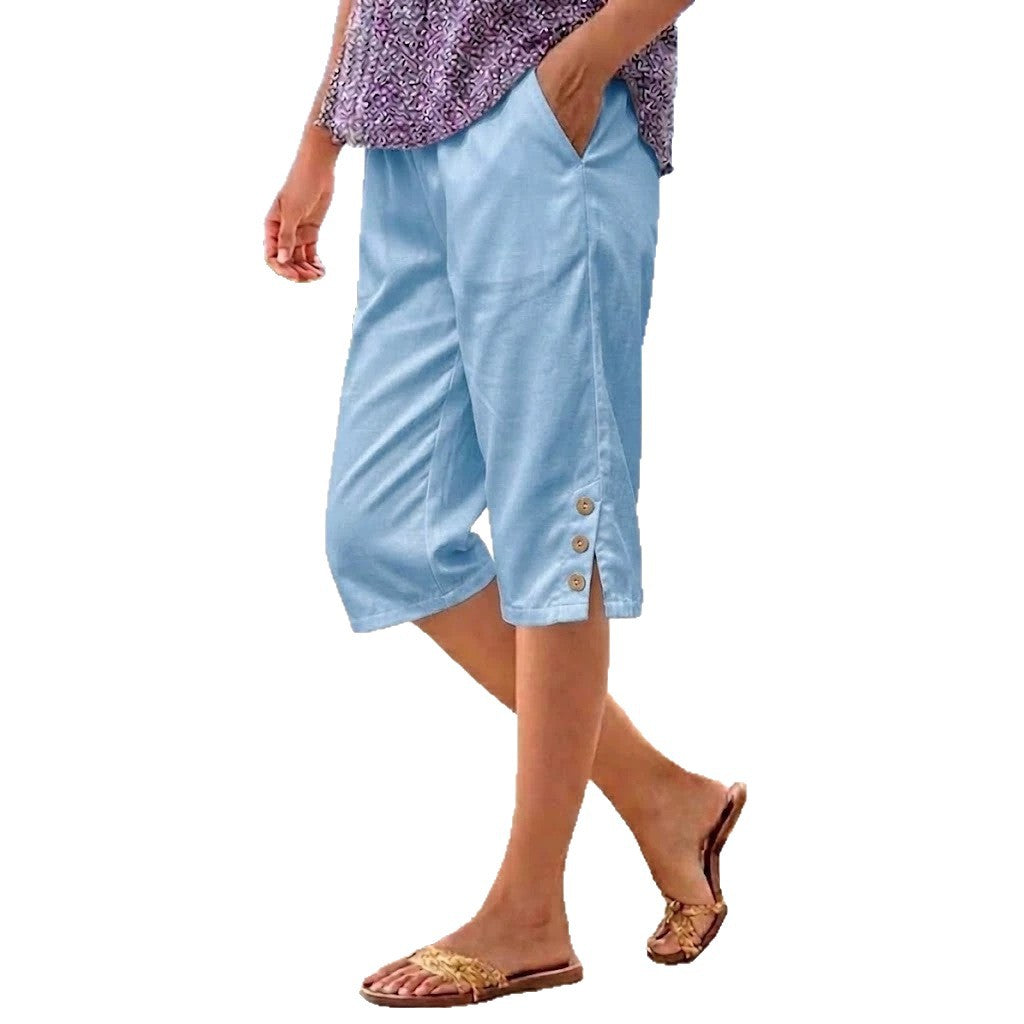 Womens Casual Five-point Shorts With PocketsElastic Waist And Side Slits 590917197b5c6cdfacb7279175c7d3ec