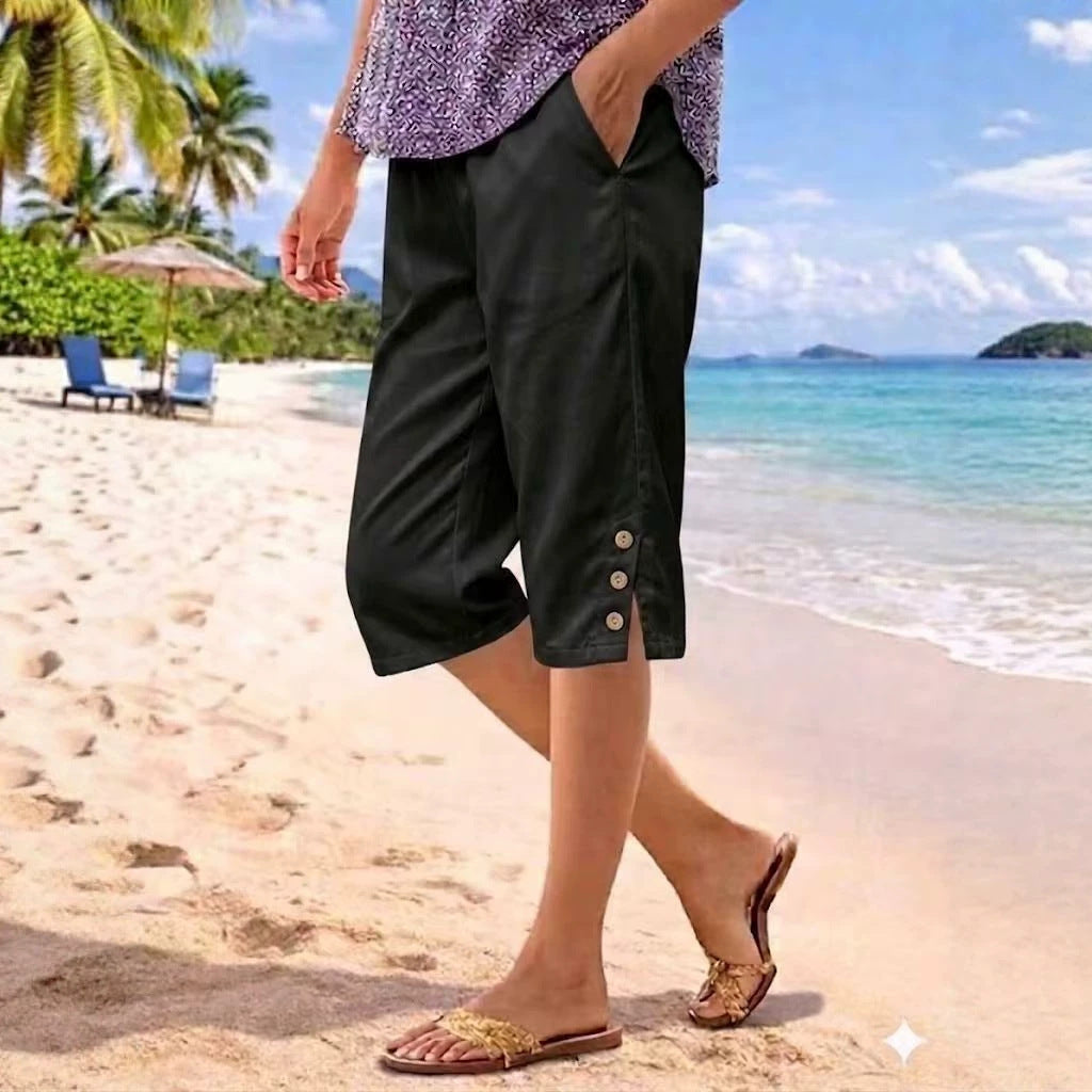 Womens Casual Five-point Shorts With PocketsElastic Waist And Side Slits 918d307d53f858fac7ddddc6247c17d9