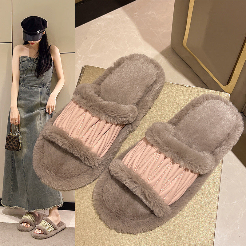 PU Leather Open Slippers For Women Plush Cotton Slippers a89284bbca6a1284a99a4384e877d8b6
