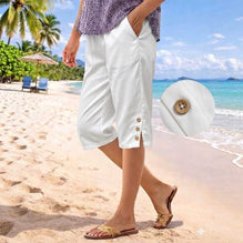 Womens Casual Five-point Shorts With PocketsElastic Waist And Side Slits