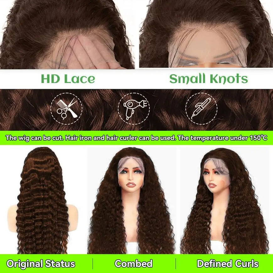 Chocolate Brown HD Lace Front Wigs Human Hair 200% Density Curly Lace Front Wigs Human Hair Deep Wave Wigs Human Hair For Women