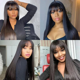 Straight Human Hair Wis 34 Inche Wigs With Bangs 3x1 Full Machine Made Human Hair Wigs For Women Natural Color 220% Density