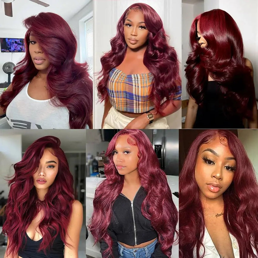 250% Density 99j Human Hair Wig 34 Inch Burgundy 13x4 HD Lace Frontal Body Wave Human Hair Wigs 100% Brazilian Human Hair