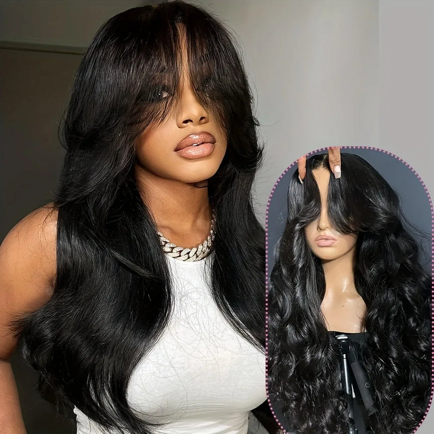 250% Density Glueless Human Hair Lace Front Wig - 13x4 Pre Plucked & Pre Cut 3D Dome Cap with Bleached Knots, Natural Black Body