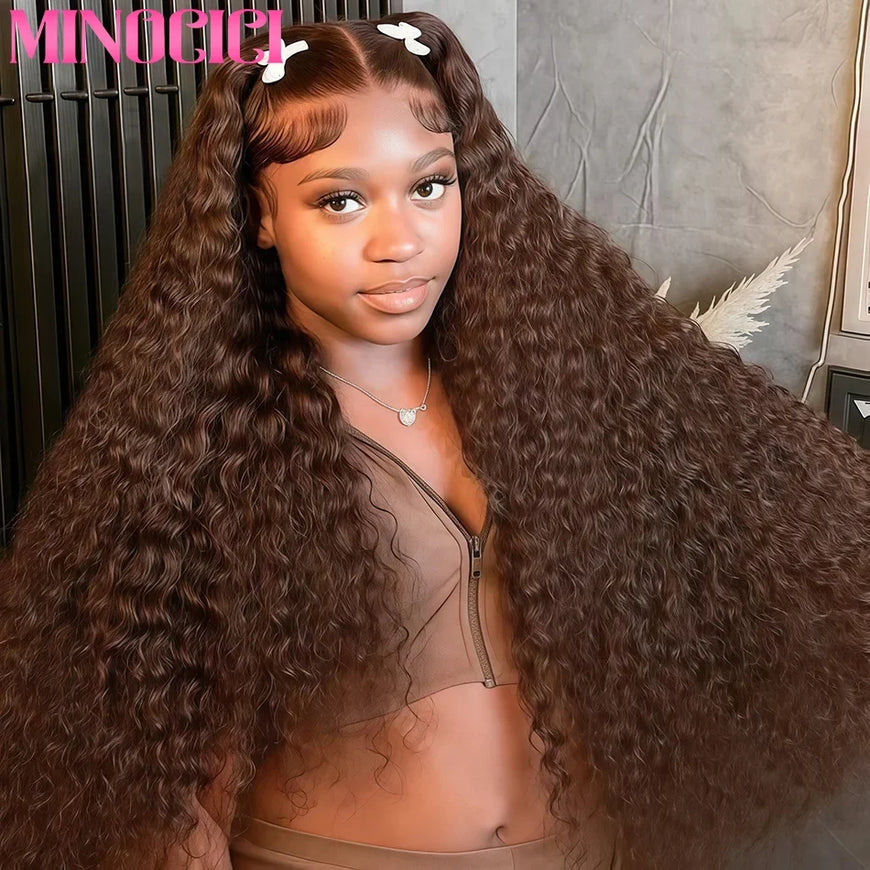 Chocolate Brown HD Lace Front Wigs Human Hair 200% Density Curly Lace Front Wigs Human Hair Deep Wave Wigs Human Hair For Women