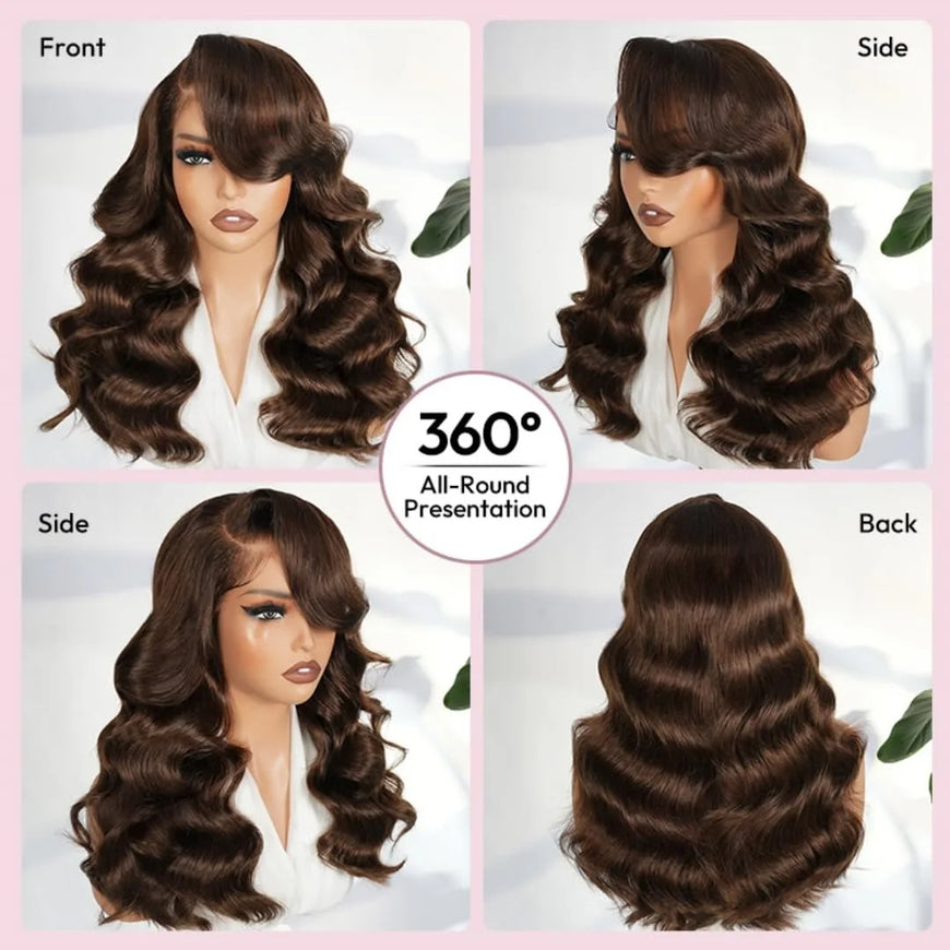 200 Density Chocolate Brown Human Hair Wig Body 13x4 Closure Transparent Lace Wig Layered Side Part Human Hair  Pre Plucked Pre