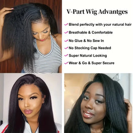 Kinky Straight V Part Wig Glueless Human Hair Wig for Women Natural Black Color No Leave Out Yaki Straight Hair Wig 250% Density