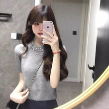 Loose-fit Knitted Gray Short-sleeve T-shirt With A Tie Detail